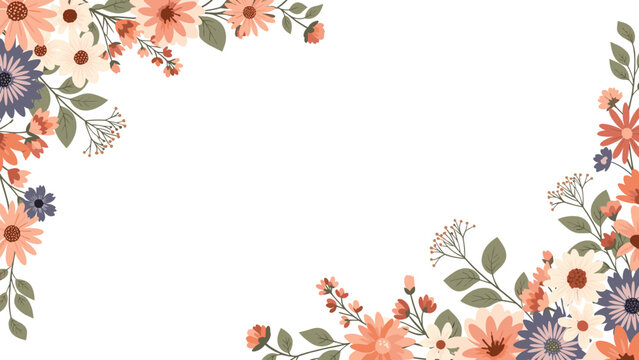 Beautiful floral border design featuring corners adorned with an arrangement of delicate pastel-colored flowers and green leaves, creating a soft and inviting frame.