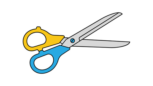 Simple, colorful illustration of a pair of open scissors with yellow and blue handles, depicting a versatile tool for various cutting tasks.