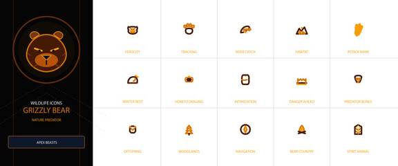 Grizzly Bear Wildlife Icons Collection Nature Predator Symbols for Forest Animals © Milkunn