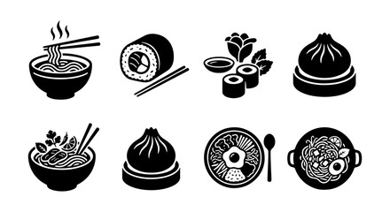 Japanese Sushi and Ramen Icons, Asian Food Vector Set, Black Cuisine Symbols for Menu © Musfika