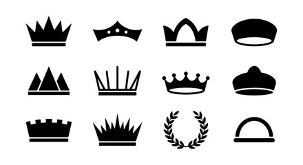 Royal crown icons set, black king and queen tiara silhouettes, 12 vector elements © Musfika