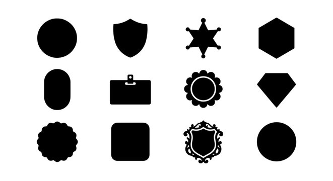 Minimalist black badge icons set, 12 geometric label shapes, vector shield silhouettes