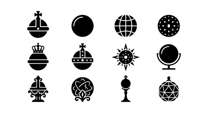 Royal orb icons set, 12 black sphere vector elements, monarch regalia symbols for UI