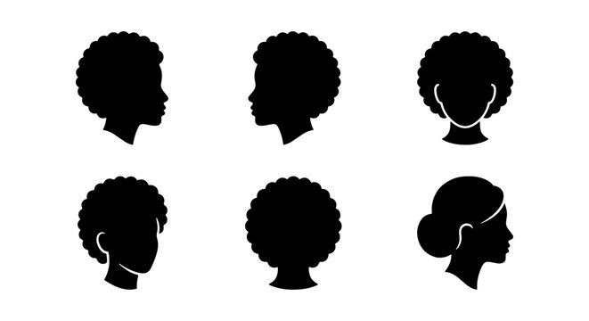 African woman silhouette set, black female head profile icons, 6 vector afro hairstyles