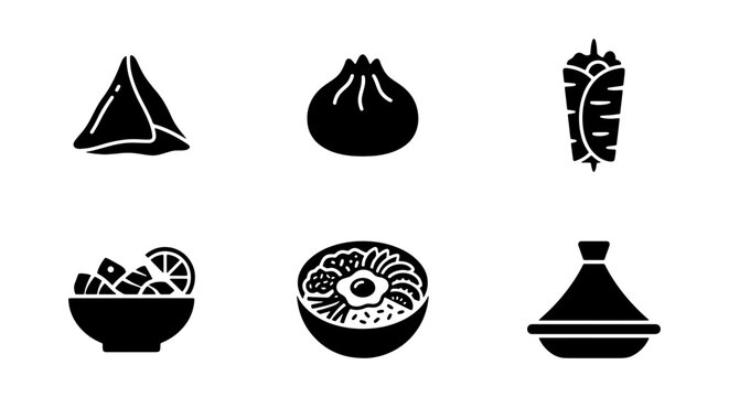 Global street food icons set, ethnic cuisine symbols, 6 black vector food illustrations