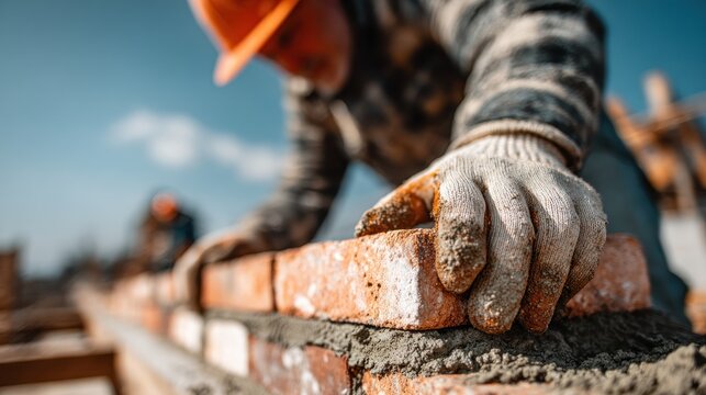 Skilled construction worker laying bricks with gloved hands on a sunny day at a building site