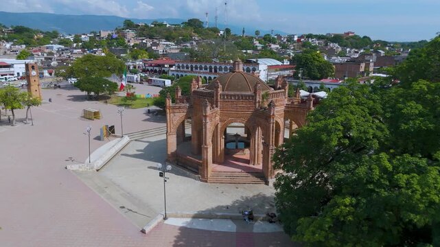 Aerial drone view of Chiapa de Corzo main square and town center. Chiapas, Mexico.