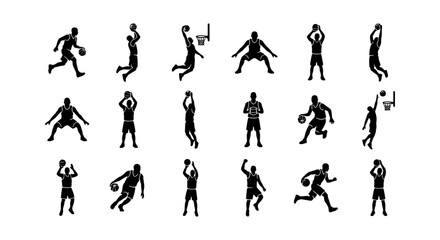 Basketball player silhouettes, 18 athlete icons set, sports action vector graphics © Nargis