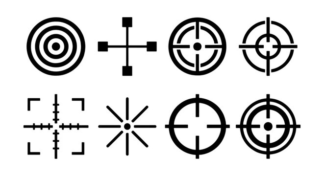 Target crosshair icon set, 8 black aiming reticle symbols, sniper scope vector elements
