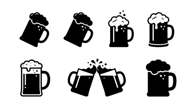 Minimalist beer mug icons, set of 7 foaming beer glass vectors, black brewery symbols