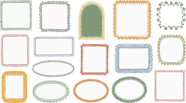 Doodle coastal frame set, hand drawn colorful border collection. Minimal hand drawn square arch and rectangle shapes kit. Elegant retro empty banner, poster, placard, postal stamp. Doodle frame decor.