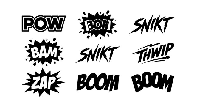 Comic book sound effects, 9 black and white action words, retro pop art vector icons