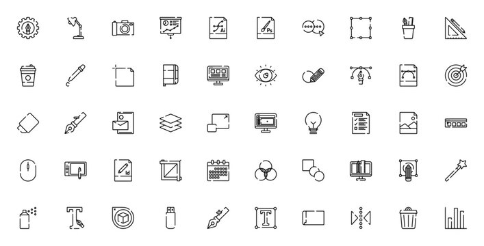 Graphic Design icon set. Vector design tools collection. Includes Pen, Camera, Photoshop, Layers, Typography, Sketching and more. Editable stroke.