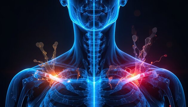 Human Body Anatomy: A Detailed Illustration of Shoulder Pain and Nerve Damage in Blue and Red Tones