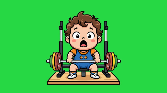 Cartoon Child Lifting Weights - A Funny and Energetic Illustration.