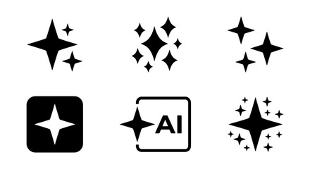Sparkle star icon set, black AI magic glitter symbols, 6 vector sparkle elements © Tanzila