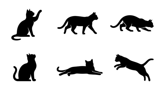 Black cat silhouette set, 6 feline animal poses, jumping and sitting cat vector icons
