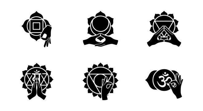 Chakra mudra icon set, yoga hand gestures with energy symbols, 6 black vector glyphs