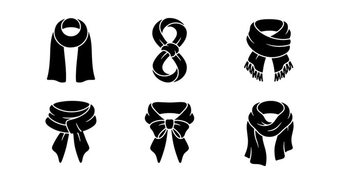 Winter scarf icon set, black neckwear vector collection, 6 warm clothing accessories