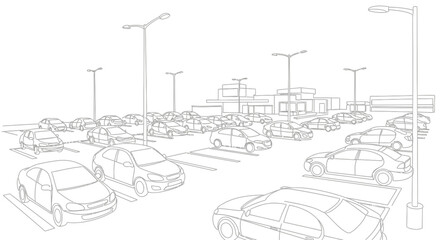 Hand-drawn sketch of a busy outdoor parking lot with many cars and streetlights. © Tani