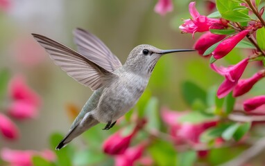 Fototapeta premium Hummingbird Hovering Near Blooming Flowers with Vibrant Oversized Petals