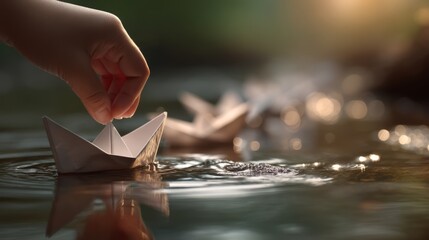 Obraz premium Child Releasing Paper Boats into Shallow Water at Sunset Moment