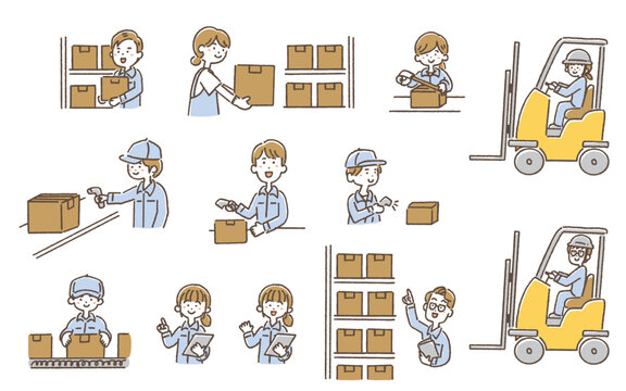 倉庫作業員・物流スタッフのイラストセット（ピッキング・梱包・在庫管理・業務作業）/Warehouse Workers Illustration Set (Picking, Packing, Inventory, Logistics Staff, Flat Style)