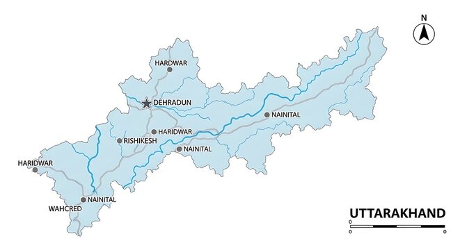 Simplified map of uttarakhand state india with major cities labeled