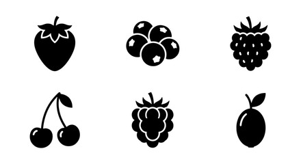 Minimalist berry icons set, black fruit silhouettes, 6 organic food vector elements © Kamrul