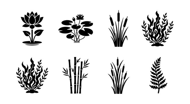 Black aquatic plant icons, 8 pond flora silhouettes, lotus and seaweed vector set