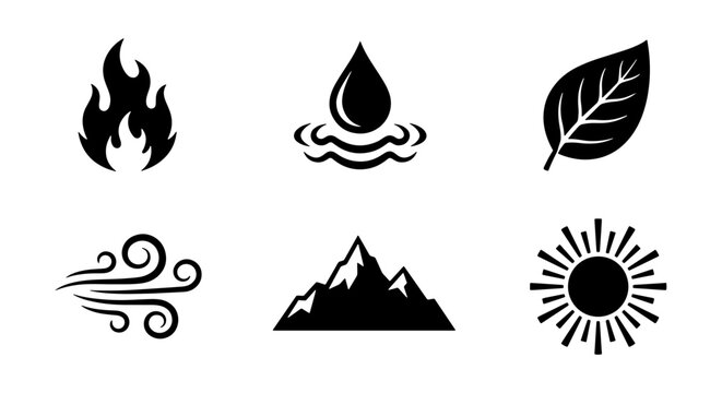 Natural elements icon set, black nature symbols vector, 6 environment signs for UI design