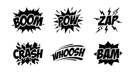 Comic book sound effects set, black and white action bubbles, 6 vector onomatopoeia icons © Kamrul