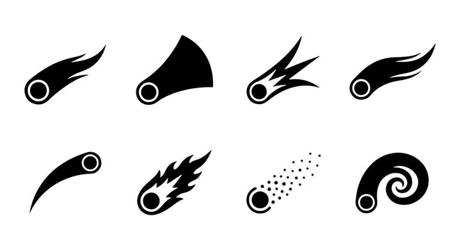 Comet icon set, falling meteor silhouette collection, 8 black space vector elements