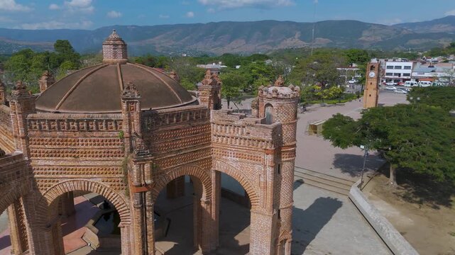 Aerial drone view of Chiapa de Corzo main square and town center. Chiapas, Mexico.