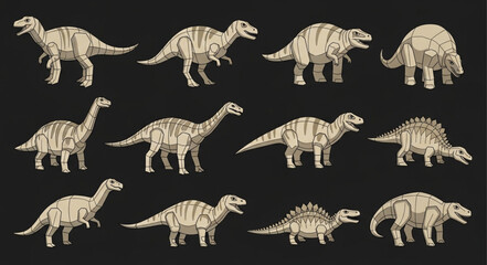 Collection of Dinosaur Illustrations on Black Background. © Dancow