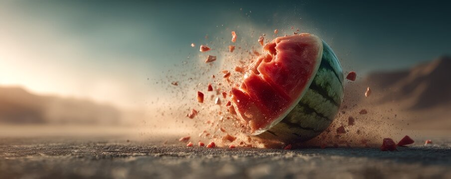Single Cracked Watermelon Exploding on Dusty Ground in Dramatic Scene