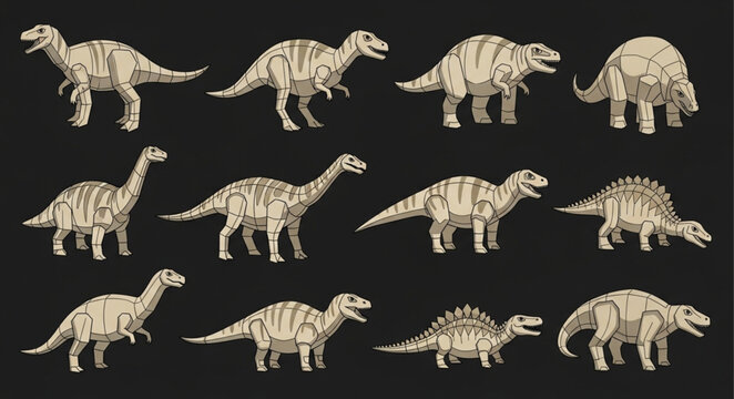 Collection of Dinosaur Illustrations on Black Background.