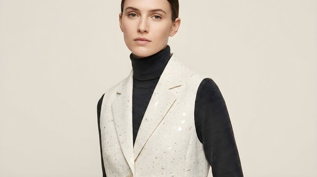 Elegant woman showcases innovative biomaterial couture vest, blending sustainable fashion with sophisticated style and modern design principles