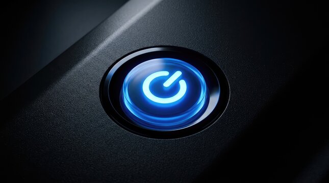 Illuminated blue power button on a dark electronic device surface
