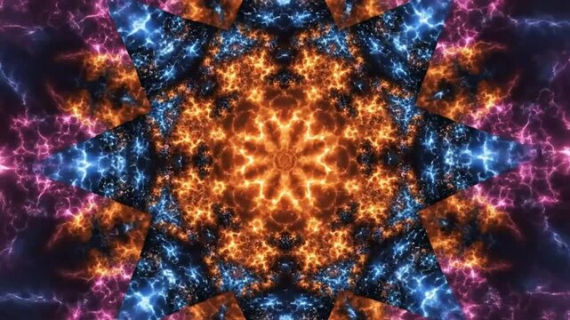 Mesmerizing fractal kaleidoscope animation of fiery orange patterns and electric blue energy in cosmic space