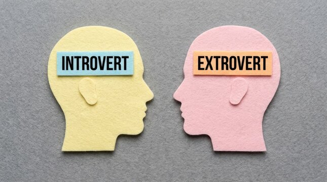Colorful felt head silhouettes symbolize introvert and extrovert personality traits on a grey background