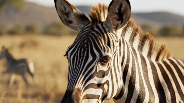 Close-up of a zebras head in a dry grassy field, showcasing its unique stripe patterns and calm demeanor in the African wilderness.