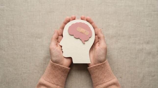 Mental health healing concept with paper brain and bandage held in hands. Psychology therapy, trauma recovery and emotional wellness support for psychiatric care.