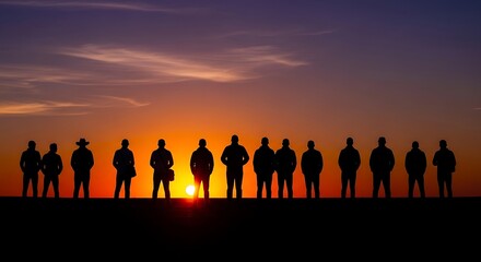 Fototapeta premium Silhouetted group of people standing against a vibrant sunset sky