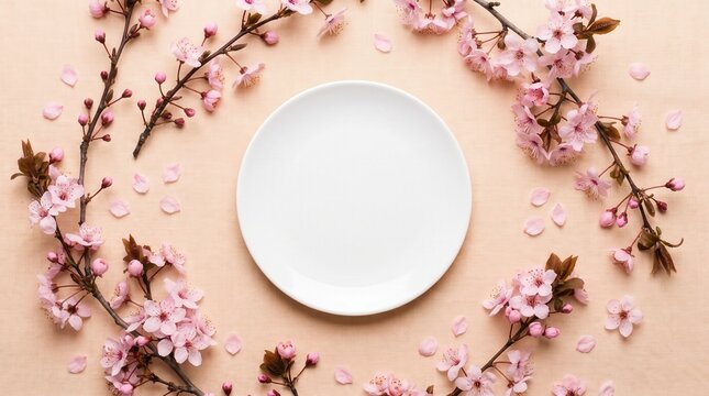 Empty white plate on beige background with pink cherry blossom frame. Spring menu template and floral restaurant mockup flat lay.