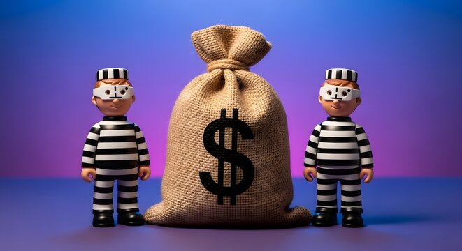 Two cartoon prisoners standing next to a large sack of money