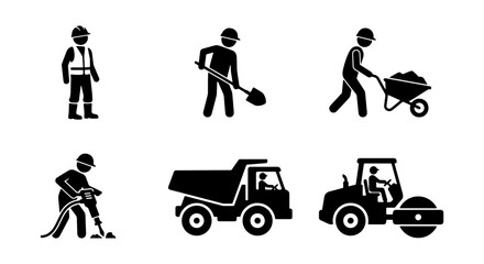 Construction worker icons set, road work machinery and builder pictograms, industrial labor silhouettes with heavy equipment vectors © Sharmin