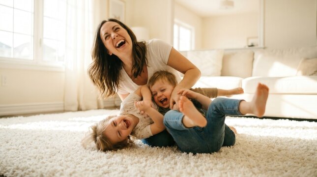 Happy mother laughing while playing with her young children on the living room floor. Family bonding, parenting joy and domestic happiness at home.