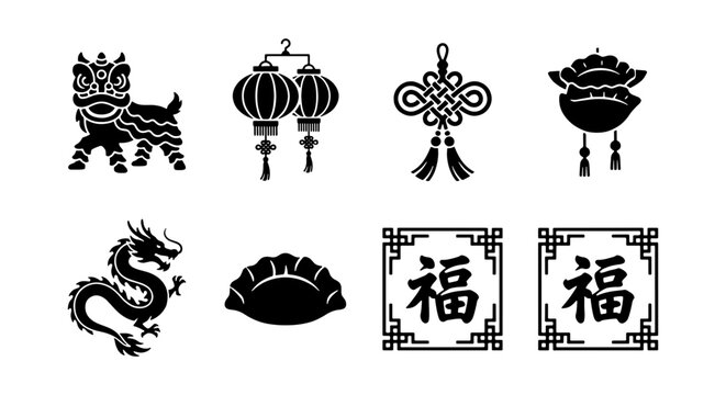 Chinese New Year icons set, black silhouette Lunar New Year symbols, traditional dragon and lion dance vector, 8 oriental holiday elements for spring festival