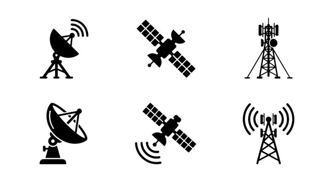 Satellite and telecommunication icons set, 6 black vector silhouettes of space stations and radio towers, wireless signal and global network symbols